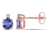 1.00 Carat (ctw) Solitaire Stud Tanzanite Earrings in 10K Rose Pink Gold with Accent Diamonds